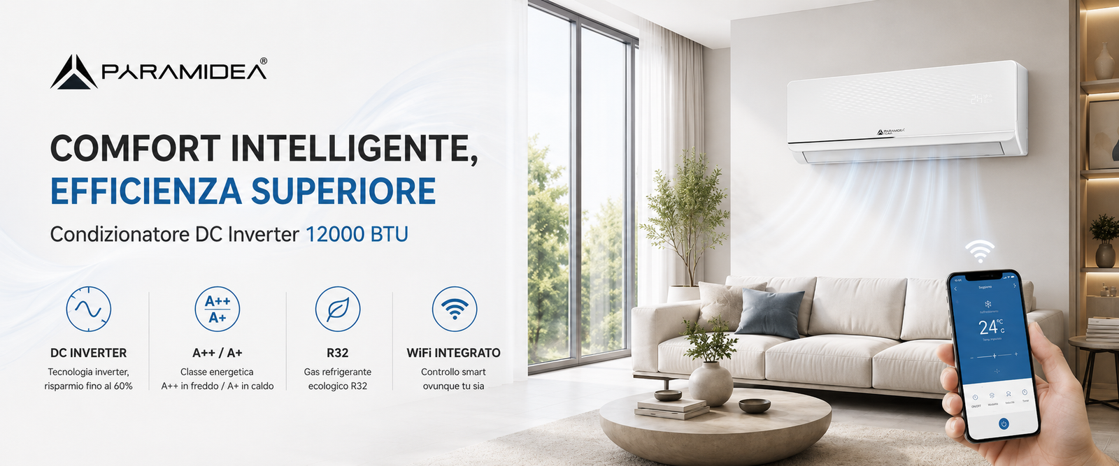 PYRAMIDEA Condizionatore Fisso Inverter Classe A++/A+ Pyramidea 12000 BTU con pompa di calore e Wifi integrato KITAC112U