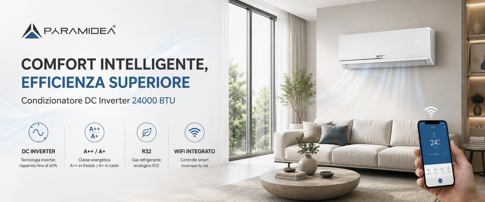 PYRAMIDEA Condizionatore Fisso Inverter Classe A++/A+ Pyramidea 24000 BTU con pompa di calore e Wifi integrato KITAC124U