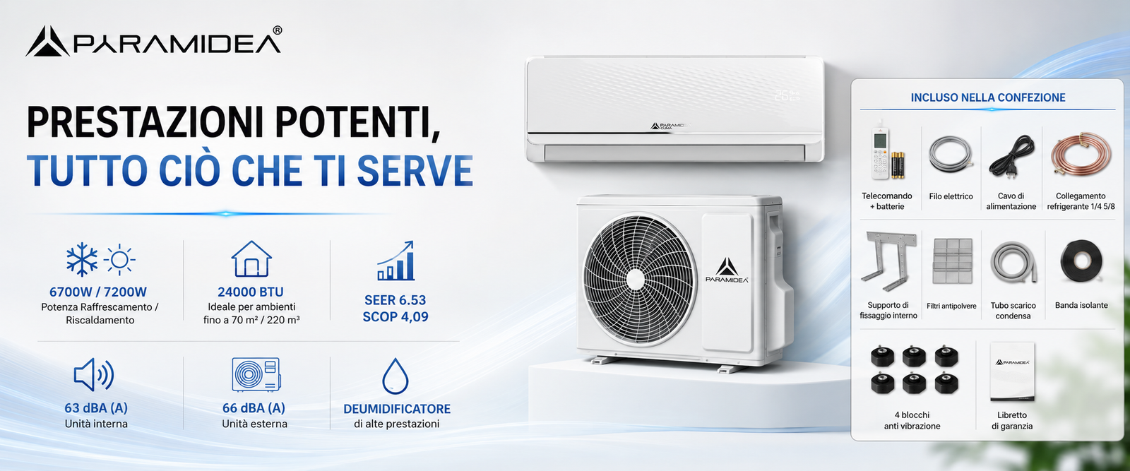 PYRAMIDEA Condizionatore Fisso Inverter Classe A++/A+ Pyramidea 24000 BTU con pompa di calore e Wifi integrato KITAC124U