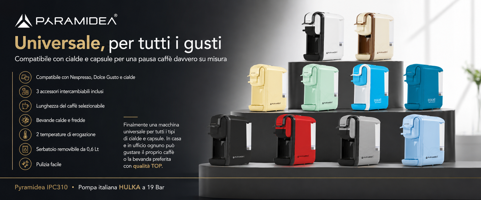 PYRAMIDEA Macchina per Caffè 3 in 1 Compatibile Nespresso Dolcegusto e Cialde Bevande Fredde da 0,6L Verde