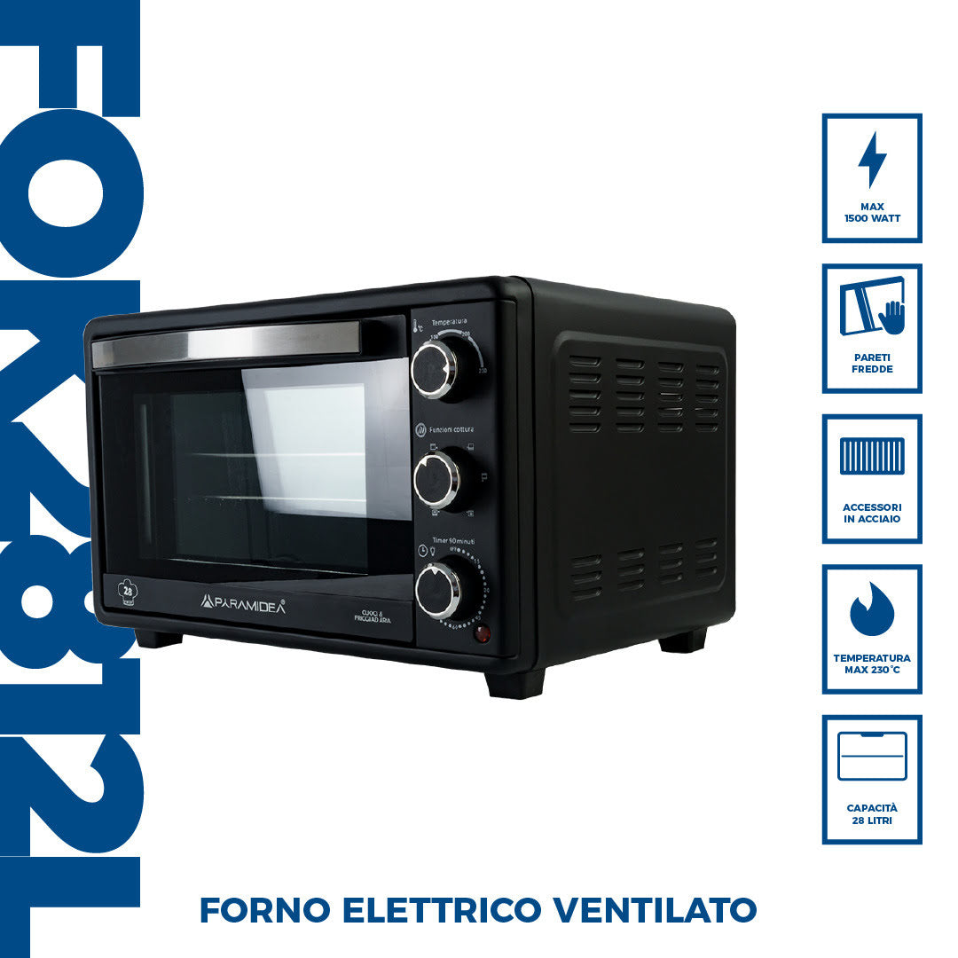 PYRAMIDEA Forno Elettrico Ventilato 28 Litri 1500W con Timer 90 min.Nero Teglia ACCIAIO