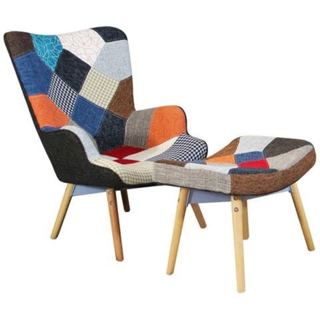 BUYBUY Poltrona serie Picasso in legno con seduta in spugna ricoperta con stoffa in stile patchwork, piedi in legno di faggio e metallo + poggiapiedi nello stesso stile PIC008