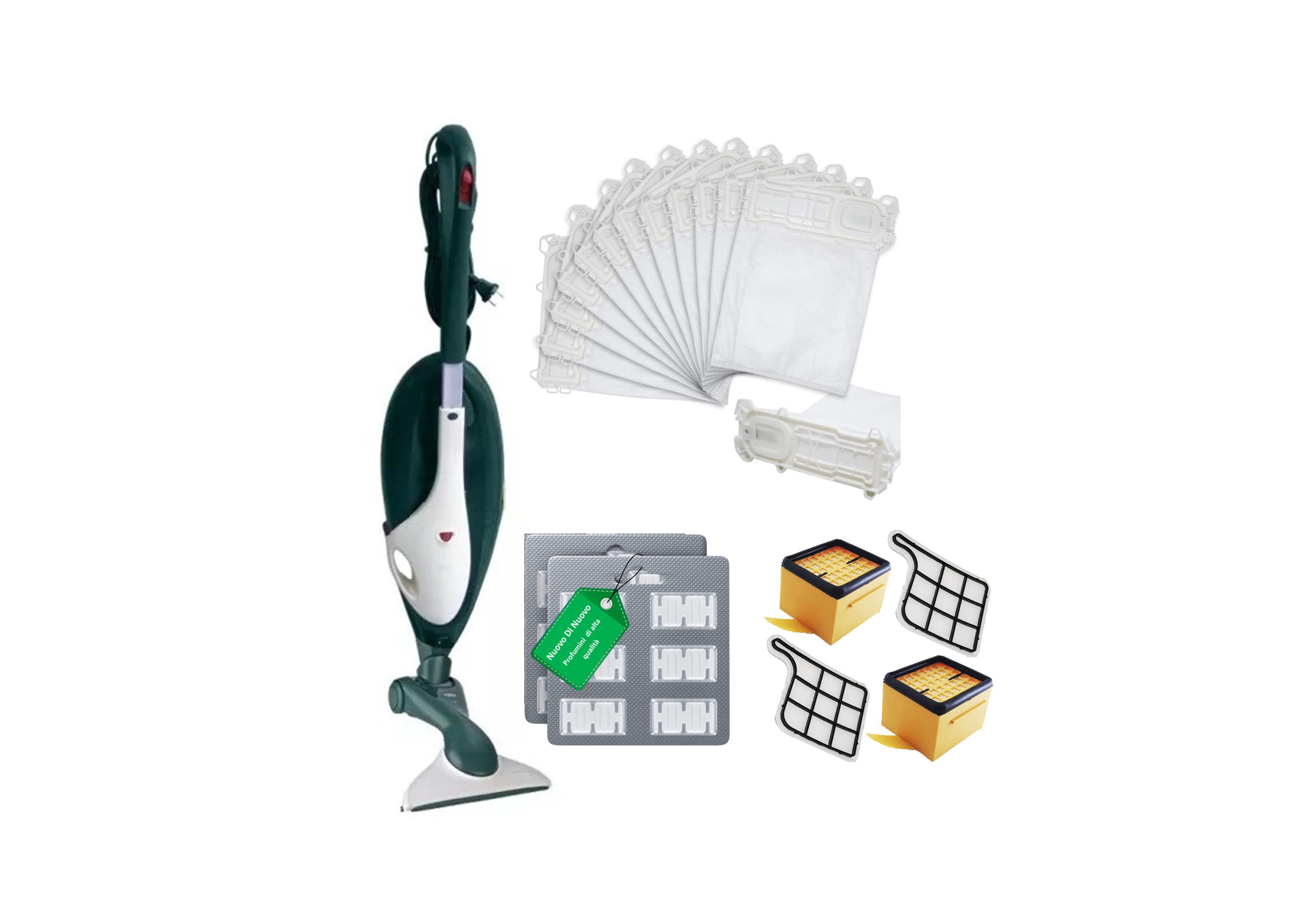Kit 12 Sacchetti compatibili per Folletto VK135 MCS002B, 12 Profumi MCS009A,2 Hepa MCS004B, 2 filtri MCS008B