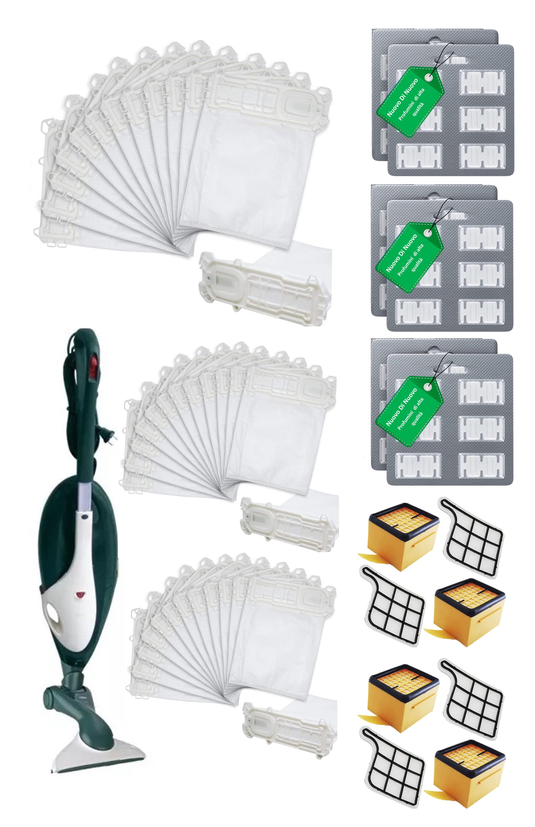 Kit 36 Sacchetti compatibili per Folletto VK135 MCS002B, 36 Profumi MCS009A,4 Hepa MCS004B, 4 filtri MCS008B