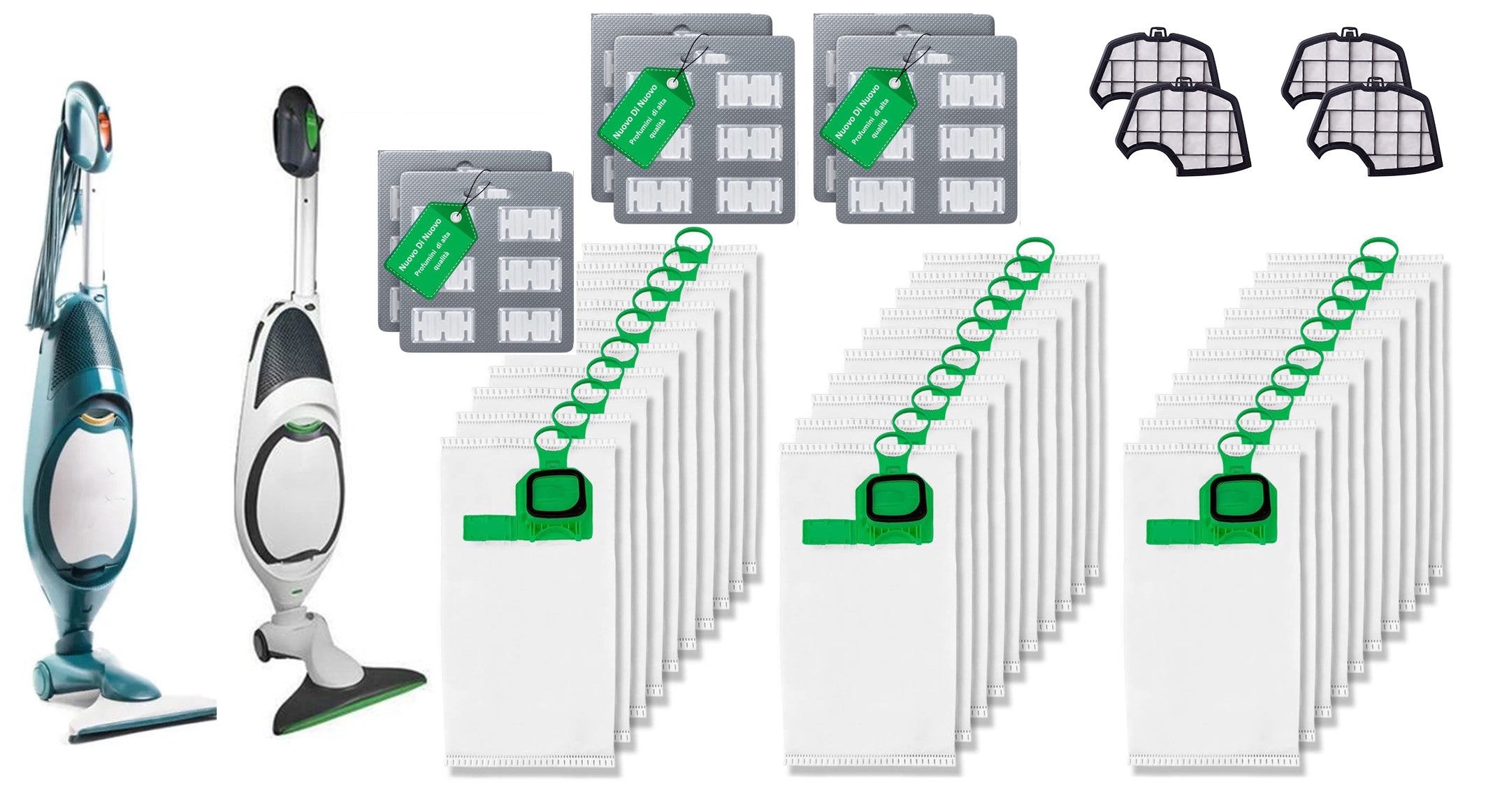 Kit 36 Sacchetti compatibili per Folletto VK140/150 MCS003B , 36 Profumi MCS009A, 4 filtri MCS007B