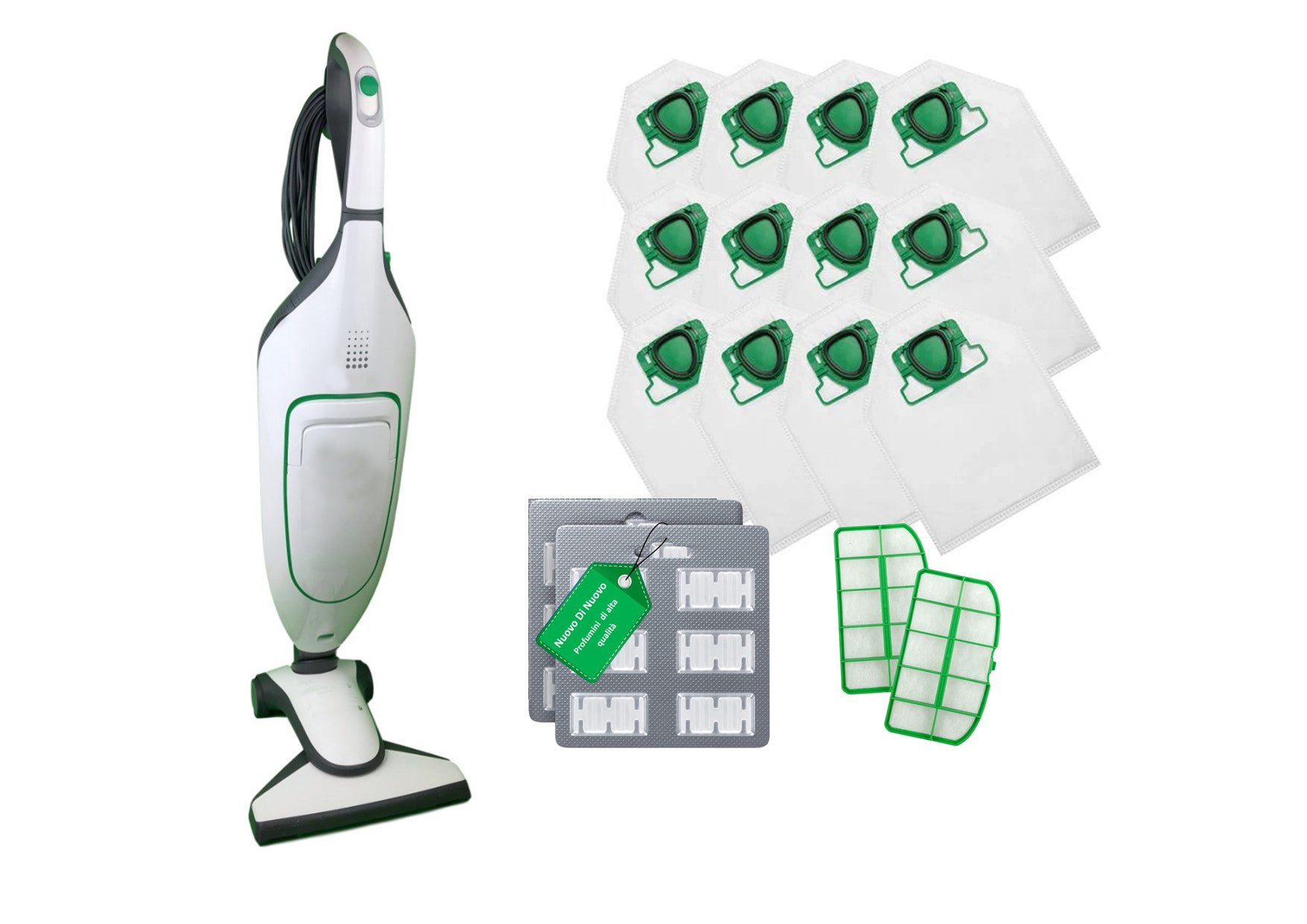 Kit 12 Sacchetti compatibili per Folletto VK200 MCS002B , 12 Profumi MCS009A, 2 filtri MCS0011A