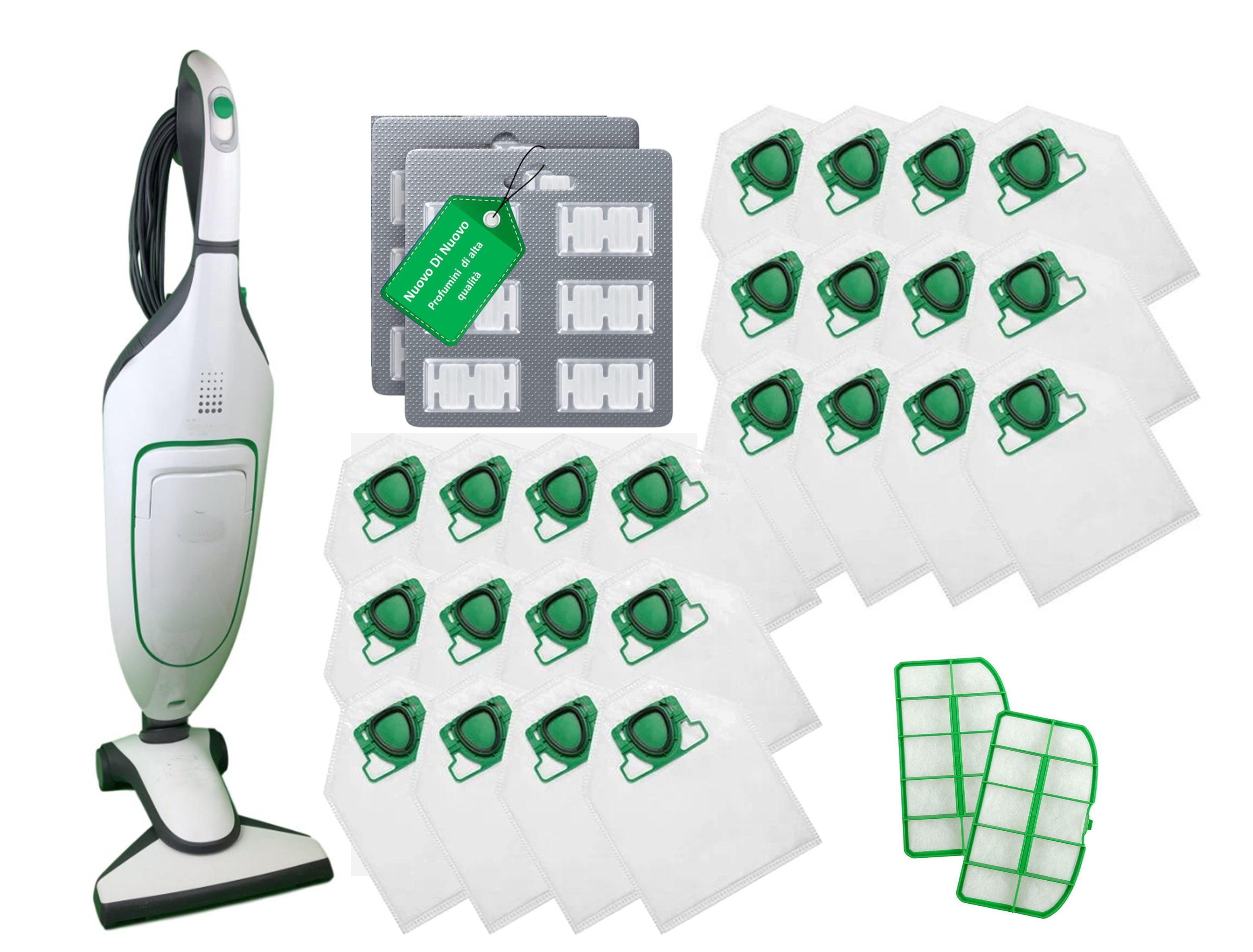 Kit 24 Sacchetti compatibili per Folletto VK200 MCS002B , 12 Profumi MCS009A, 2 filtri MCS0011A