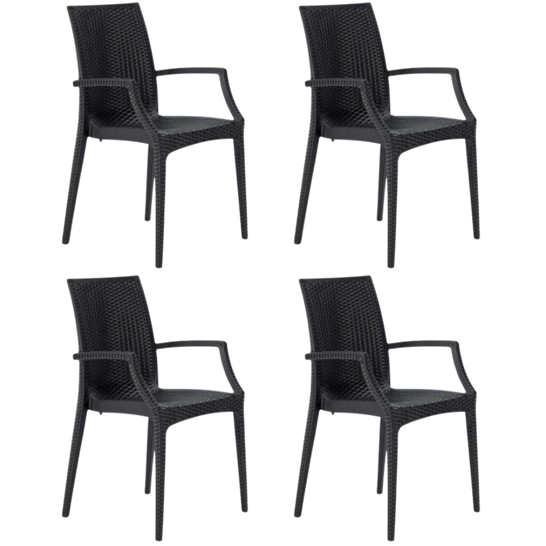 BUYBUY Kit 4 Sedie Stile Rattan Con Braccioli Colore Nero KITBRC02B