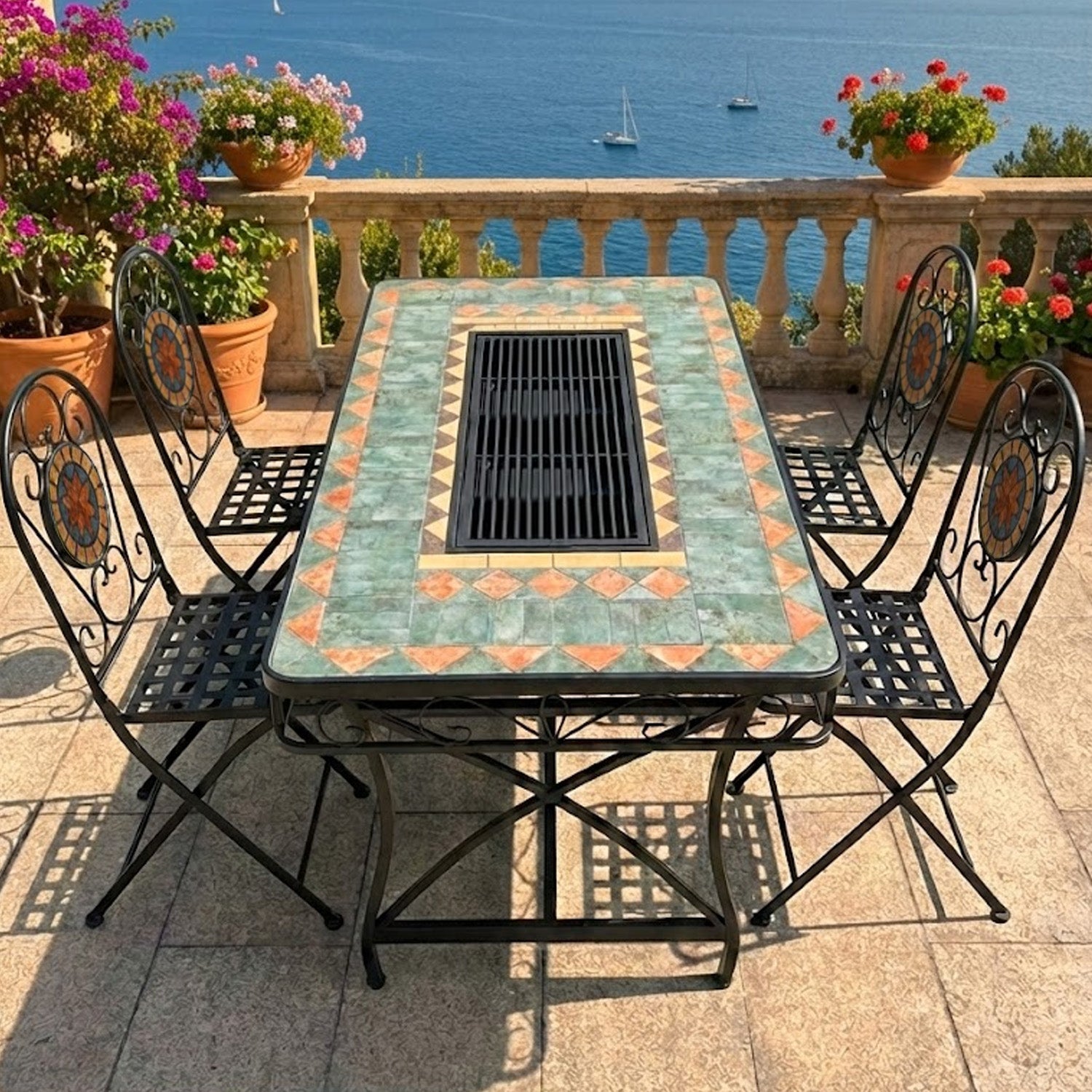 BUYBUY Kit 4 Sedie e Tavolo Mosaiko con Parte Centrale Estraibile per uso Griglia 150x80 cm MOKITO20