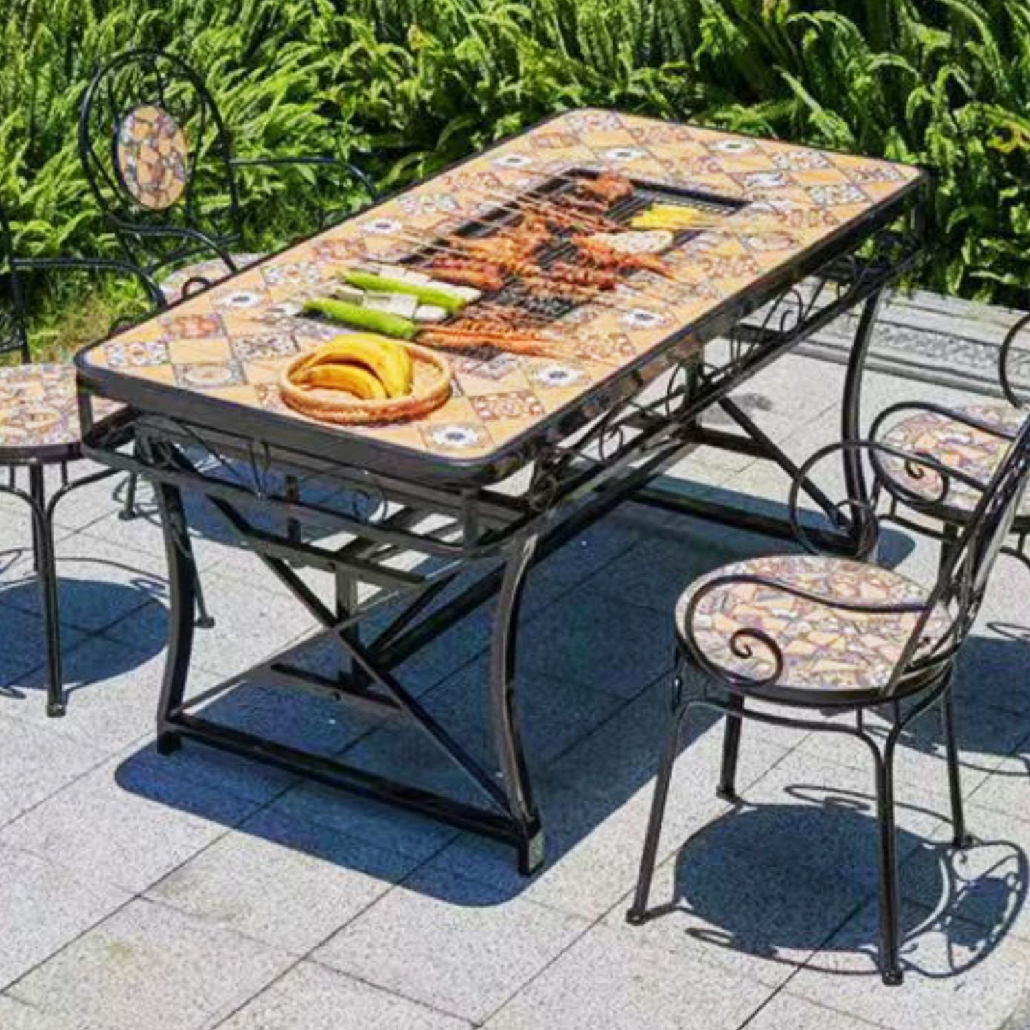 BUYBUY Kit 4 Sedie e Tavolo Mosaiko con Parte Centrale Estraibile per uso Griglia 150x80 cm MOKITO20