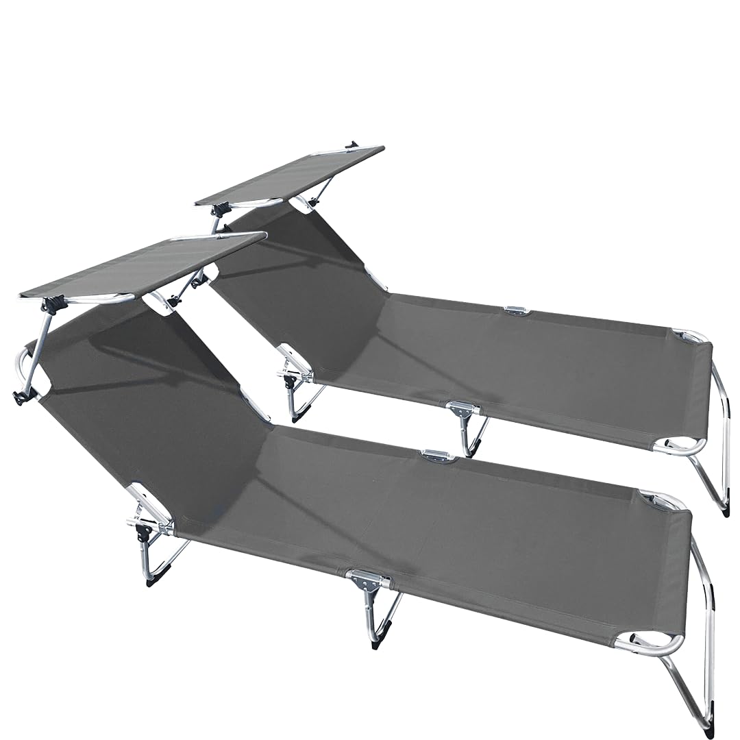 buybuy Lettini Mare Stabilimento Pieghevoli In Alluminio 3 Posizioni Con Tetto Parasole E Rivestimento In Textilene Grigio Spiaggia Piscina E Giardino Set Da 2