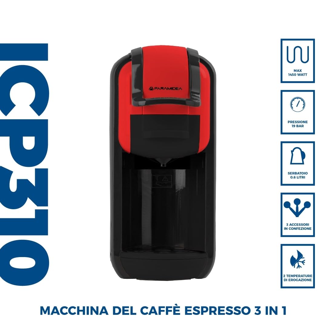PYRAMIDEA Macchina per Caffè  3 in 1 Compatibile Nespresso Dolcegusto e Cialde Bevande Fredde da 0,6L Rosso
