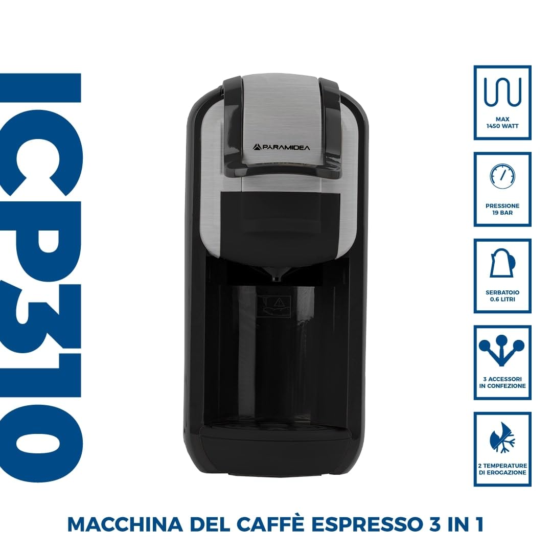 PYRAMIDEA Macchina per Caffè  3 in 1 Compatibile Nespresso Dolcegusto e Cialde Bevande Fredde da 0,6L Silver