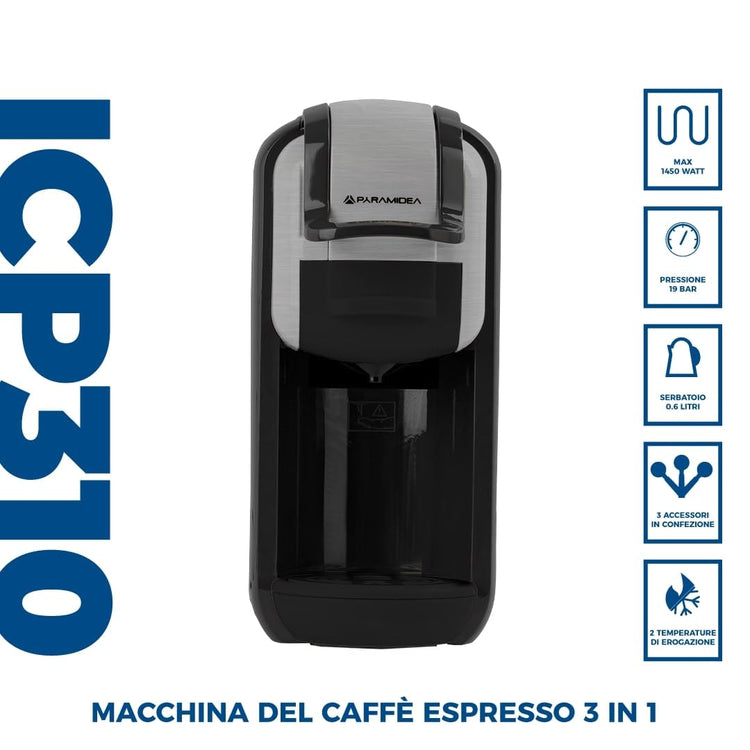 PYRAMIDEA Macchina per Caffè  3 in 1 Compatibile Nespresso Dolcegusto e Cialde Bevande Fredde da 0,6L Silver