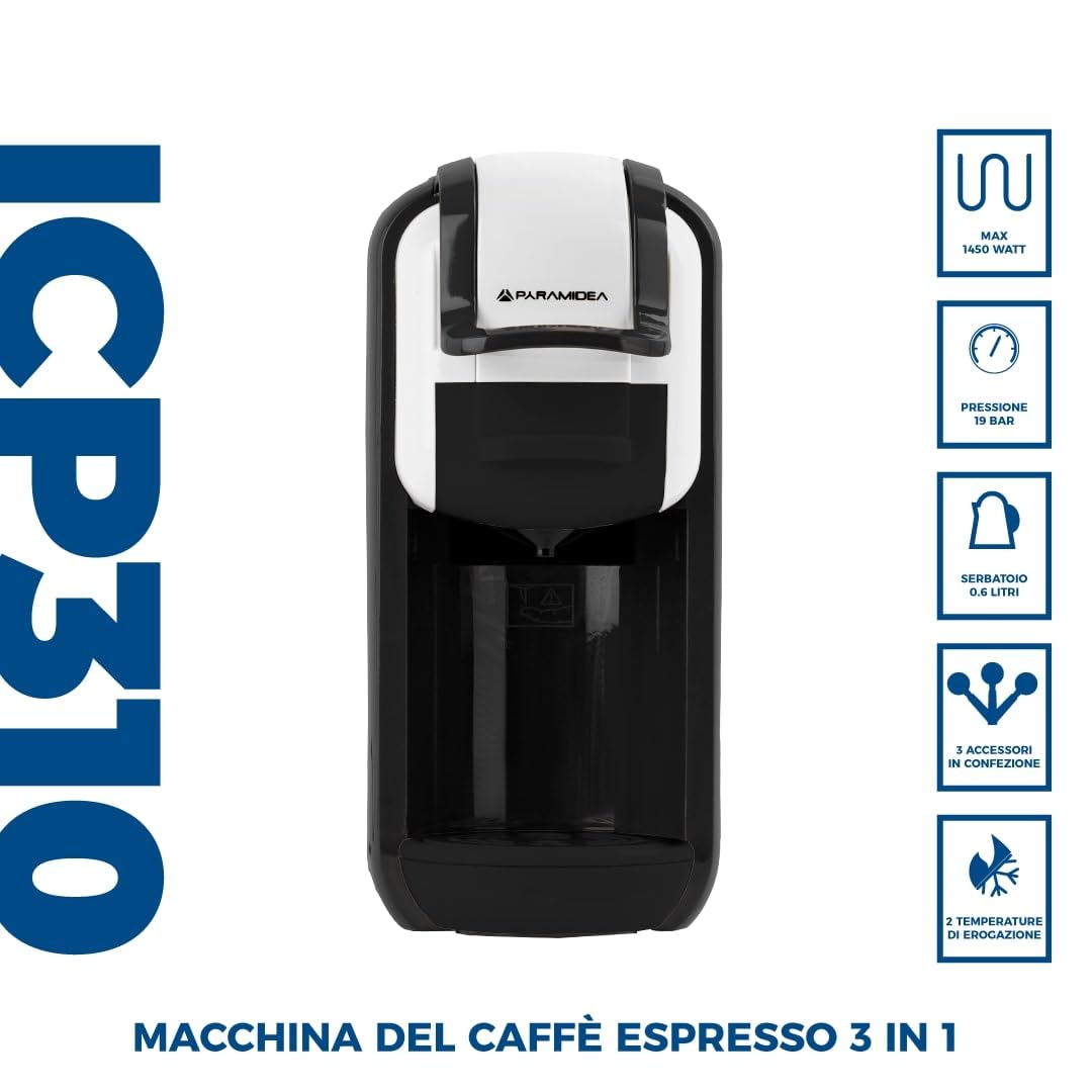 PYRAMIDEA Macchina per Caffè  3 in 1 Compatibile Nespresso Dolcegusto e Cialde Bevande Fredde da 0,6L Bianco