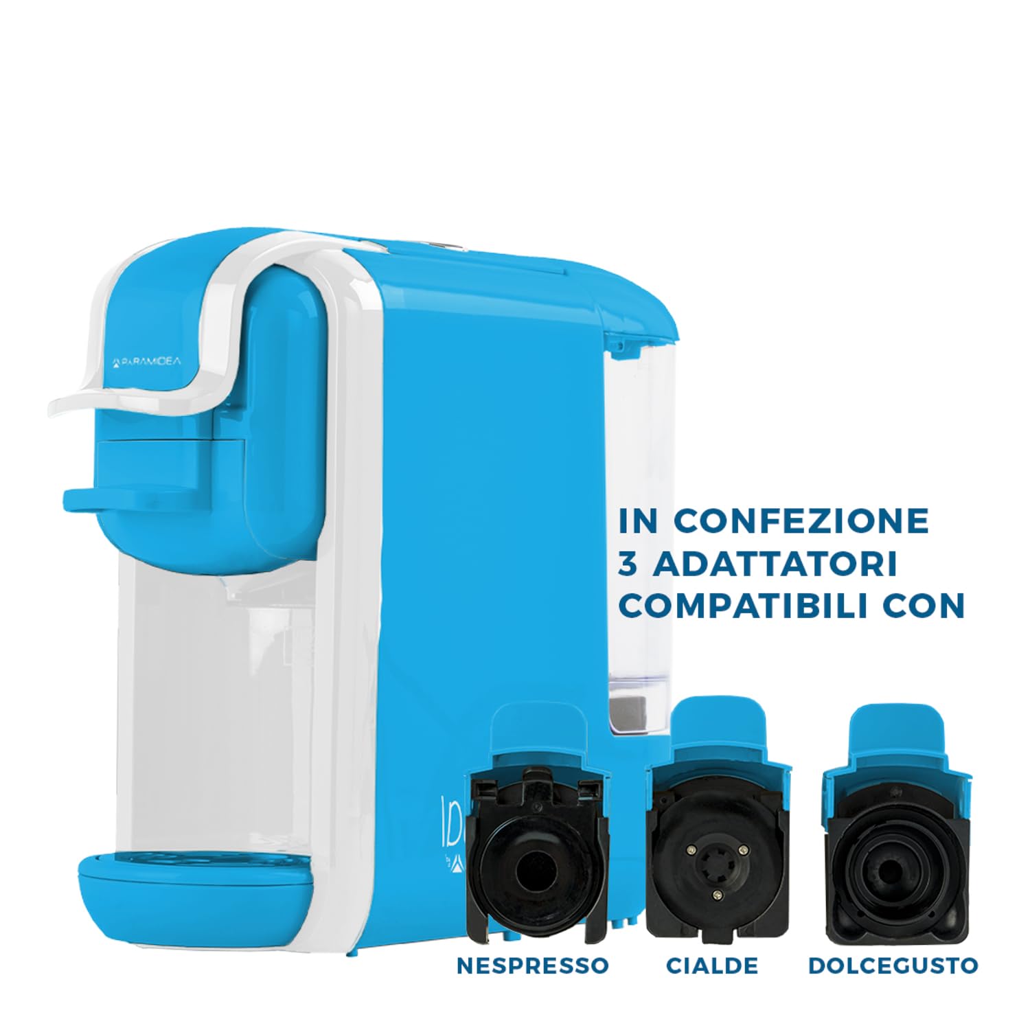 PYRAMIDEA Macchina per Caffè  3 in 1 Compatibile Nespresso Dolcegusto e Cialde Bevande Fredde da 0,6L Azzura e Bianca