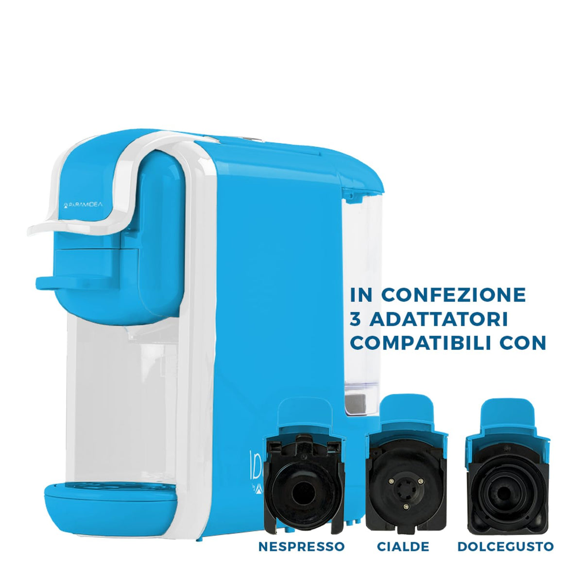 PYRAMIDEA Macchina per Caffè  3 in 1 Compatibile Nespresso Dolcegusto e Cialde Bevande Fredde da 0,6L Azzura e Bianca