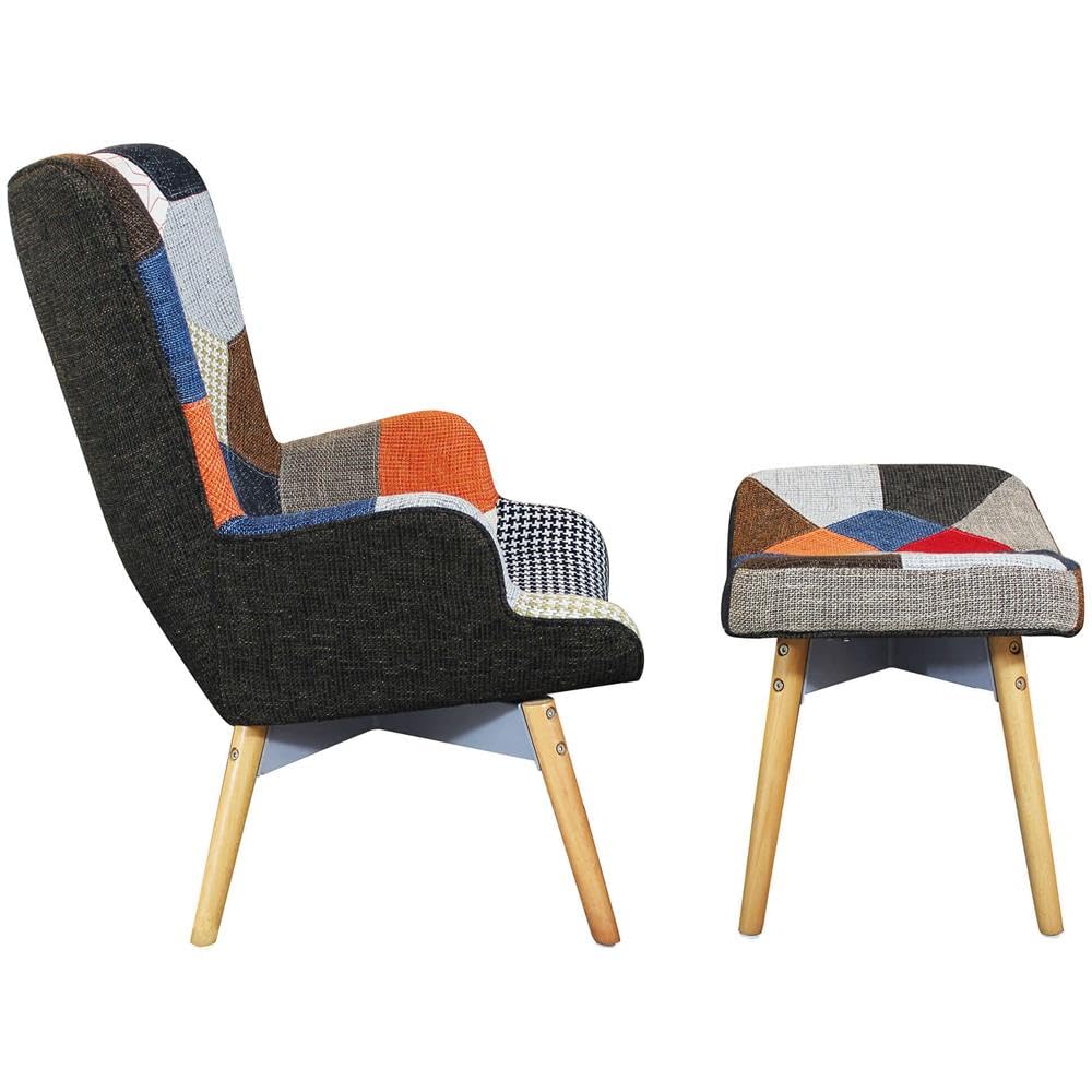 BUYBUY Poltrona serie Picasso in legno con seduta in spugna ricoperta con stoffa in stile patchwork, piedi in legno di faggio e metallo + poggiapiedi nello stesso stile PIC008