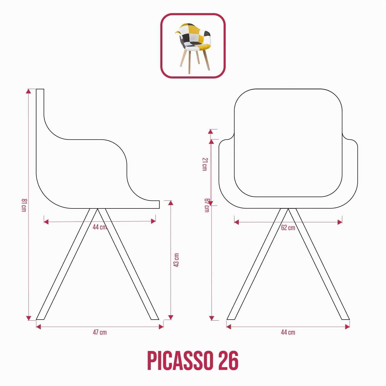 BUYBUY Poltroncina serie Picasso in PP Seduta in spugna ricoperta con stoffa Stile patchwork, piedi in faggio e metallo Colori caldi PIC026