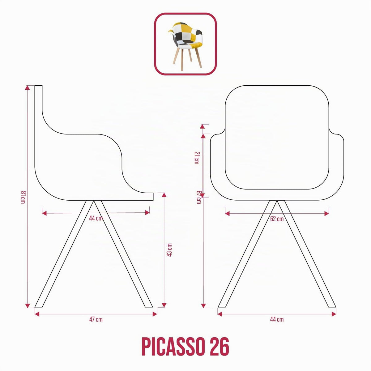 BUYBUY Poltroncina serie Picasso in PP Seduta in spugna ricoperta con stoffa Stile patchwork, piedi in faggio e metallo Colori caldi PIC026