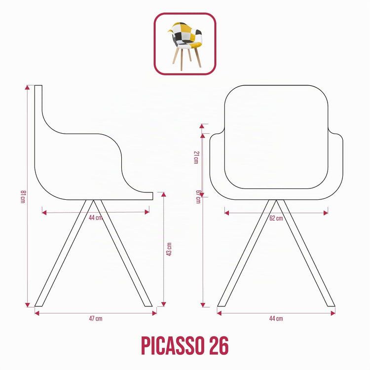 BUYBUY Poltroncina serie Picasso in PP Seduta in spugna ricoperta con stoffa Stile patchwork, piedi in faggio e metallo Colori caldi PIC026