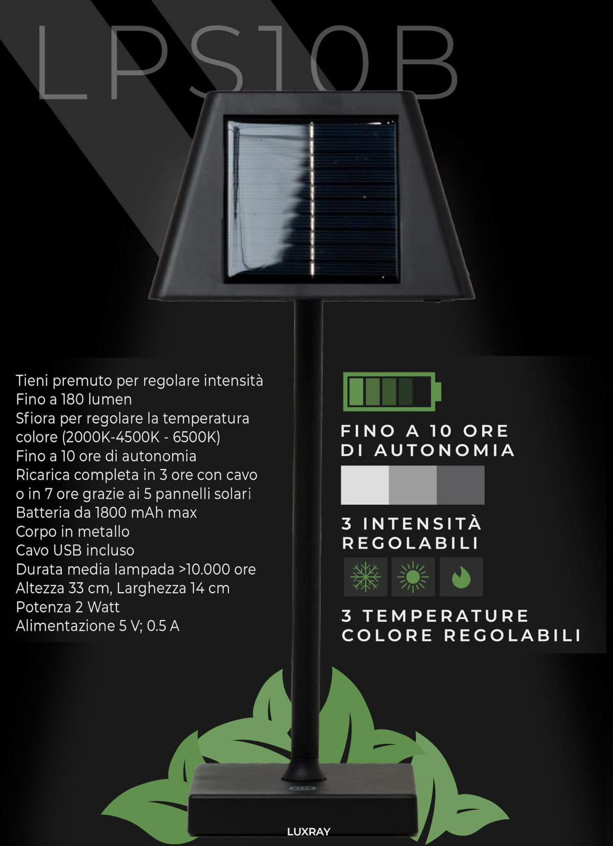 PYRAMIDEA Lampada a LED da Tavolo con 5 Pannelli Solari Colore Nero LPS10B