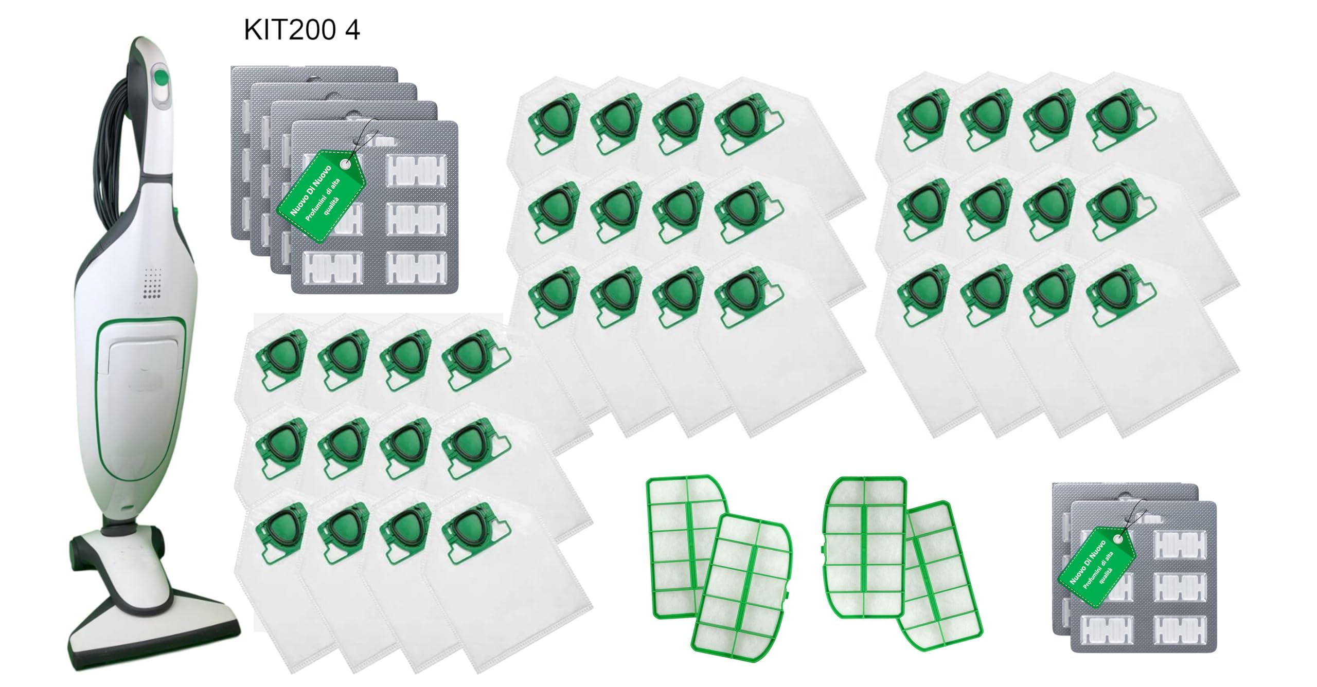 Kit 36 Sacchetti compatibili per Folletto VK200 MCS002B , 36 Profumi MCS009A, 4 filtri MCS0011A