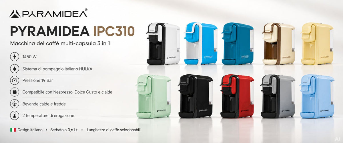 PYRAMIDEA Macchina per Caffè 3 in 1 Compatibile Nespresso Dolcegusto e Cialde Bevande Fredde da 0,6L Azzura e Bianca