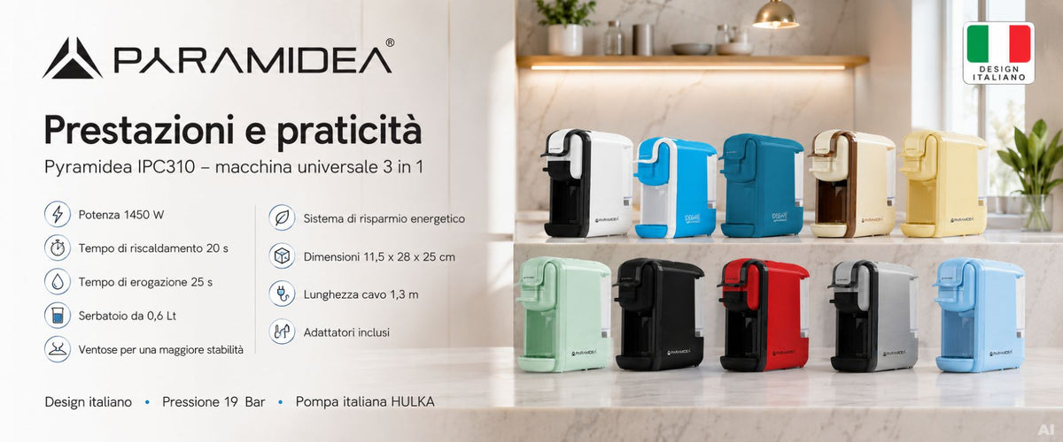 PYRAMIDEA Macchina per Caffè 3 in 1 Compatibile Nespresso Dolcegusto e Cialde Bevande Fredde da 0,6L Azzura e Bianca