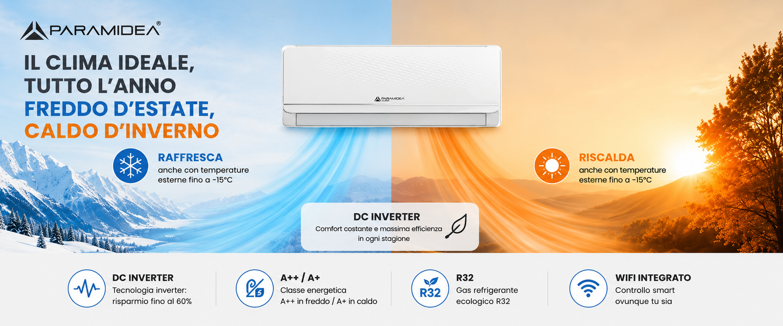 PYRAMIDEA Condizionatore Fisso Inverter Classe A++/A+ Pyramidea 12000 BTU con pompa di calore e Wifi integrato KITAC112U