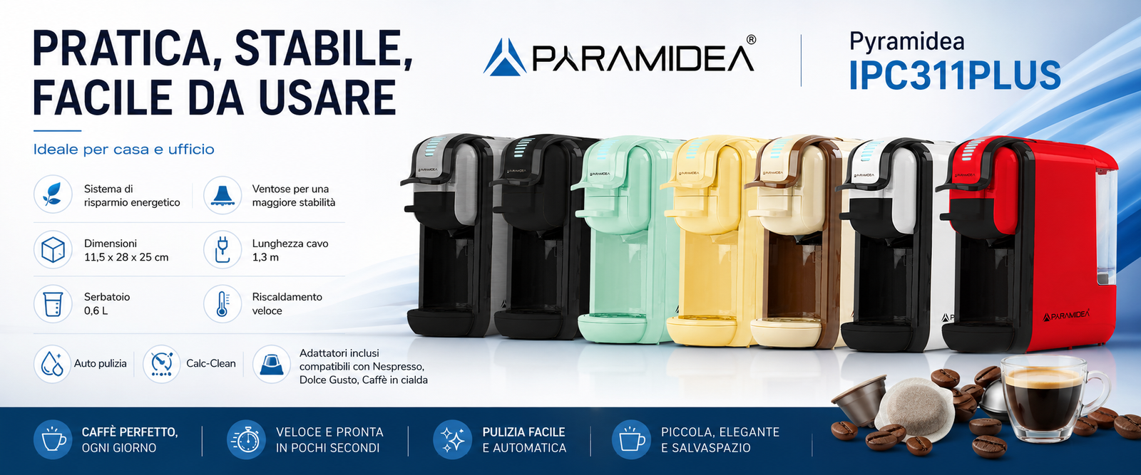 PYRAMIDEA Macchina per Caffè 3 in 1 Digitale Compatibile con Nespresso Dolcegusto e Cialde Bevande Fredde da 0,6L Crema ICP311CPLUS