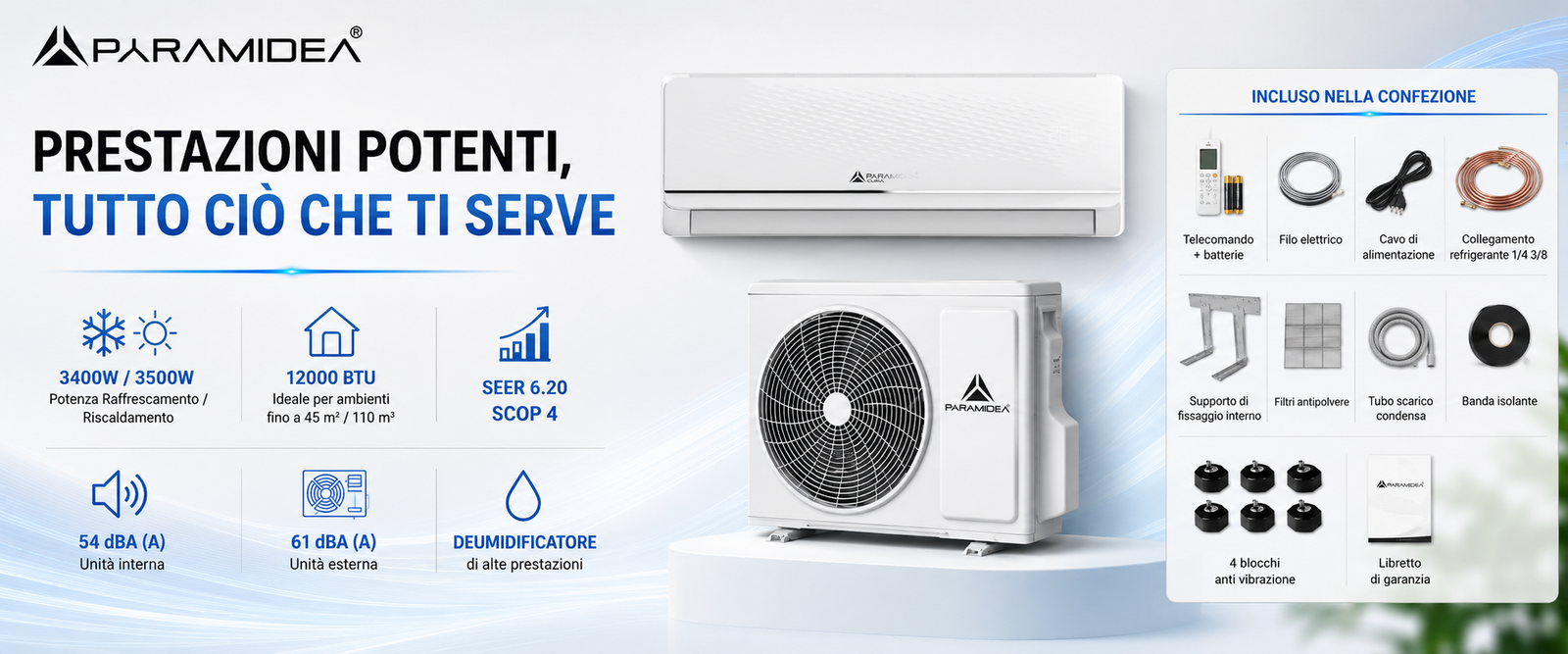 PYRAMIDEA Condizionatore Fisso Inverter Classe A++/A+ Pyramidea 12000 BTU con pompa di calore e Wifi integrato KITAC112U