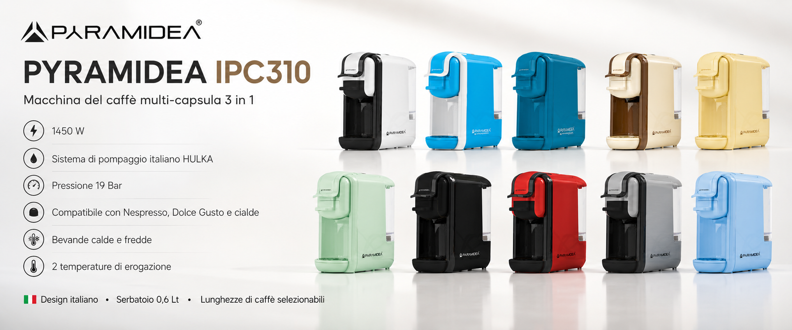 PYRAMIDEA Macchina per Caffè 3 in 1 Compatibile Nespresso Dolcegusto e Cialde Bevande Fredde da 0,6L Verde