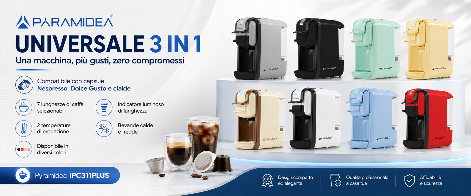 PYRAMIDEA Macchina per Caffè 3 in 1 Digitale Compatibile con Nespresso Dolcegusto e Cialde Bevande Fredde da 0,6L Crema ICP311CPLUS